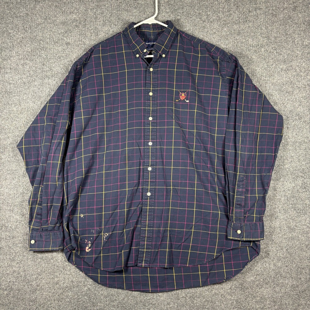 Vintage Ralph Lauren Golf Tilden Mens XL Navy Windowpane Plaid Button Down